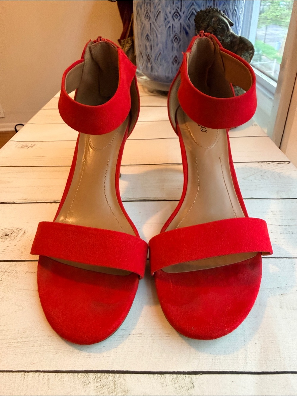 Style & Co. | Red Faux Suede Ankle-Strap Open Toe Heels - Picture 5 of 9